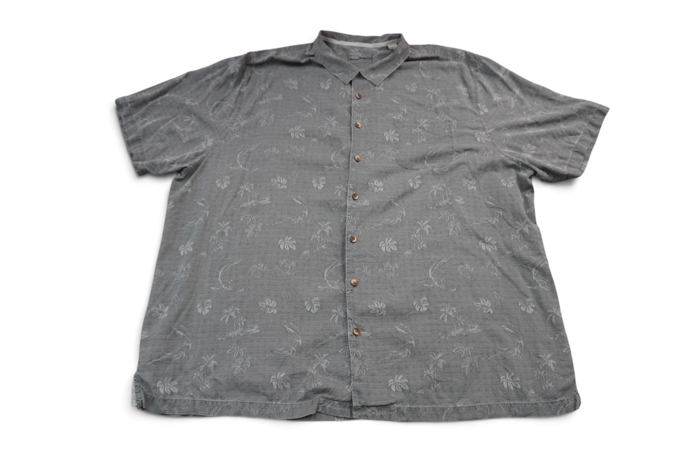 Tommy Bahama Shirt Mens 4XLT Gray Silk Hawaiian Palm Fish Button Up Short Sleeve